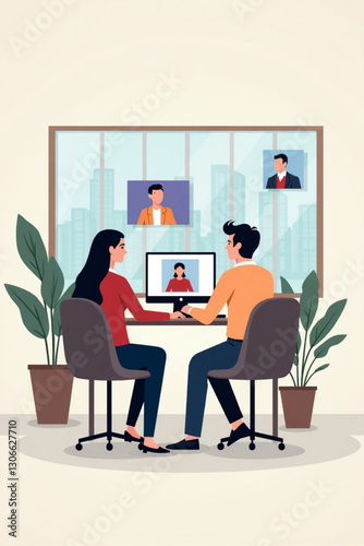 Diverse Team Meeting Online: Virtual Conference Call Vector Illustration for Remote Work, Business Collaboration, Global Communication, and Digital Workplace Solutions