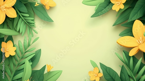 Yellow And Green Paper Flowers Frame On Pale Green Background