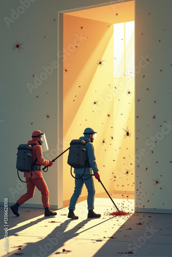 Professional Pest Control Team Spraying Insecticide to Exterminate Pests & Infestation Inside Building - Vector Illustration for Sanitation, Hygiene & Home Services