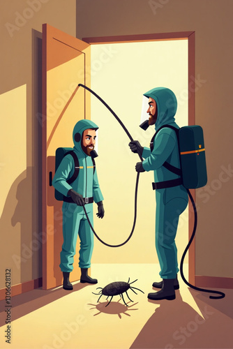 Professional Pest Control Team Exterminating Insects in Building: Efficient Pest Management, Spraying, Fumigation, Vector Illustration for Commercial Use