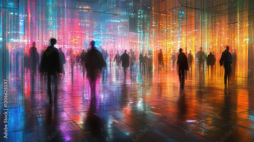 Obraz premium Vibrant cityscape with silhouettes and colorful lights at night