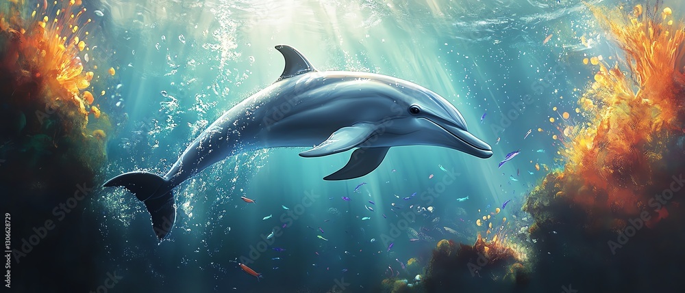 Fototapeta premium Majestic dolphin gracefully swims through sunlit ocean waters, surrounded by vibrant coral and schools of fish. A breathtaking underwater scene.