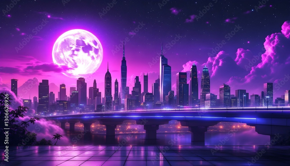 Fototapeta premium Futuristic city skyline neon purple sky full moon