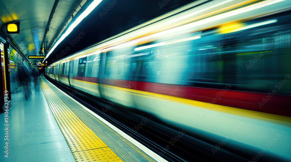 A blurred image of a subway train approaching a platform, conveying motion and urban transport. A blurred image of a subway train approaching a platform, conveying motion and urban transport.