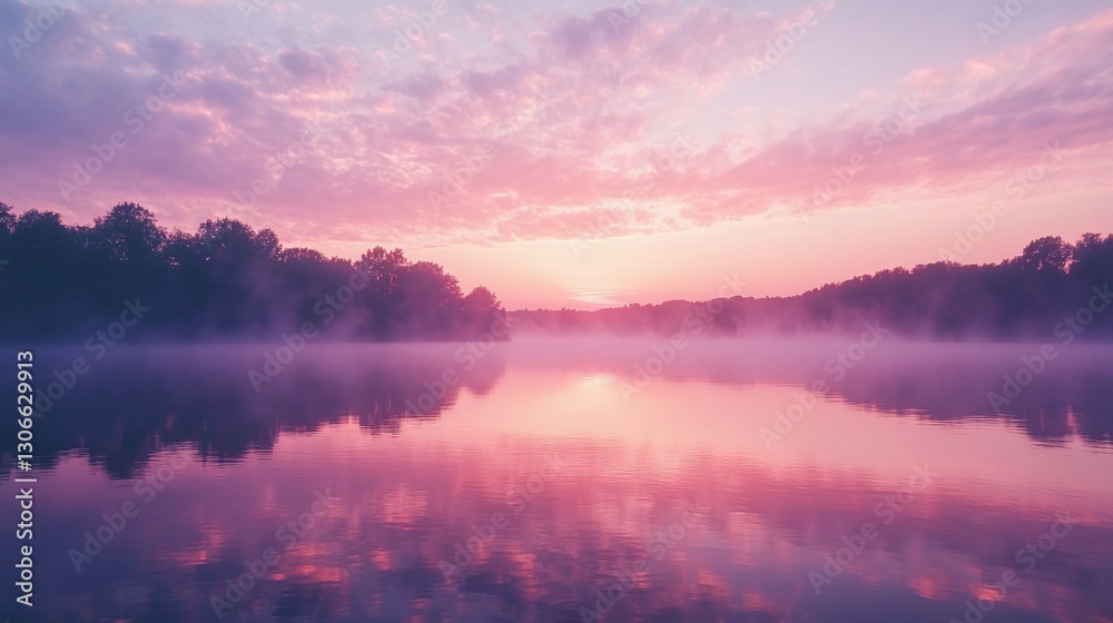 Fototapeta premium Misty sunrise over tranquil lake reflecting colors