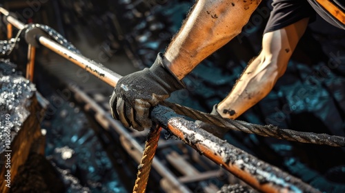 Miner Descending Narrow Ladder into Deep Underground Coal Shaft