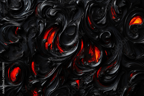 Dark abstract lava veins and liquid obsidian flow swirling black and red fire texture with fiery lava cracks