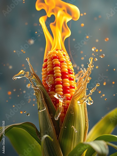 an image of a corn on fire with water splashing on it, there is a corn on fire with water splashing on it photo