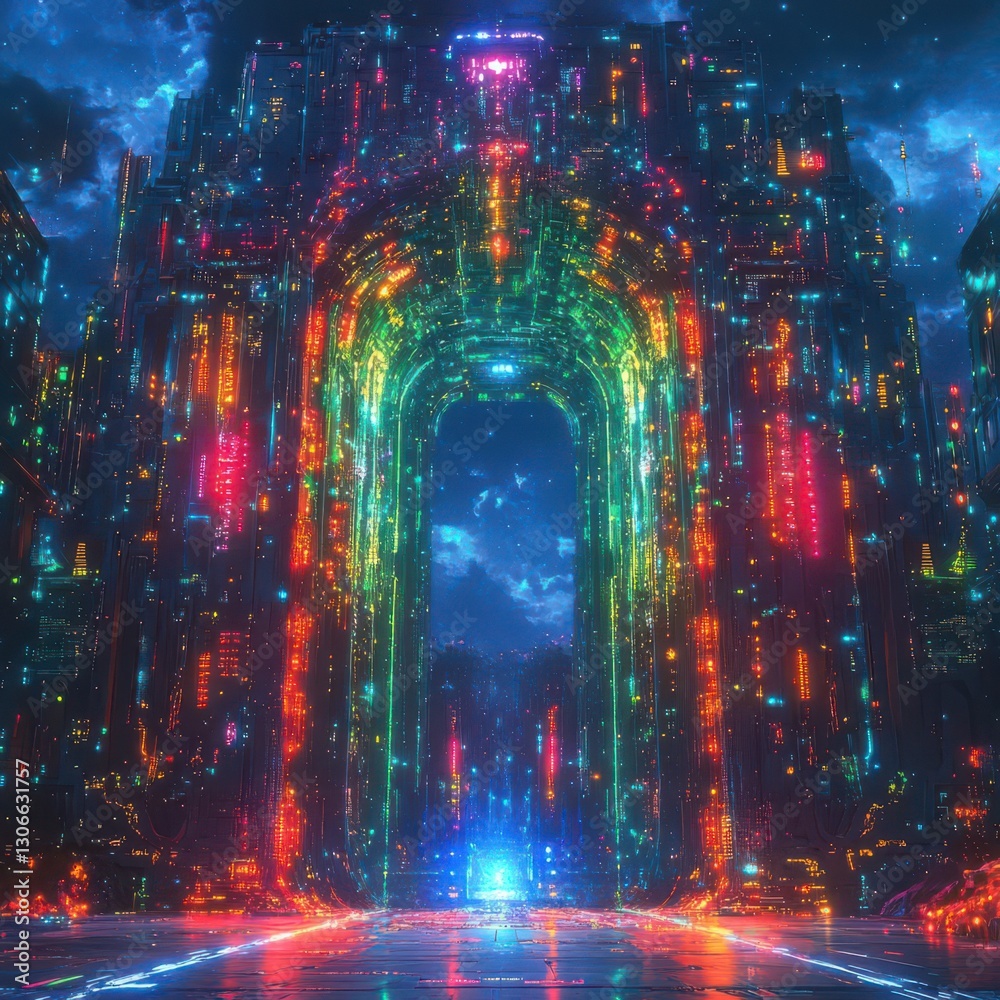 Fototapeta premium Visualize a majestic energy barrier defending a utopia, changing colors as cosmic energies interact, intricate circuits glowing Sci-fi surrealism