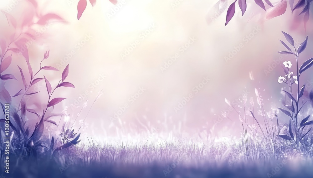 Fototapeta premium Pastel Lavender And Gold Watercolor Background With Stylized Herbs, Whimsical Leaves, Soft Focus