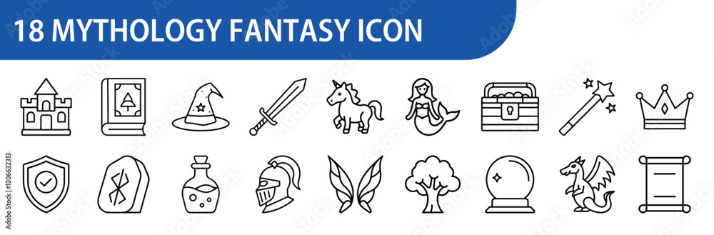 Fototapeta premium Mythology and Fantasy Icons Set - A collection of 18 black and white line icons depicting mythology and fantasy elements, including a wizard hat, sword, dragon, and potion. 