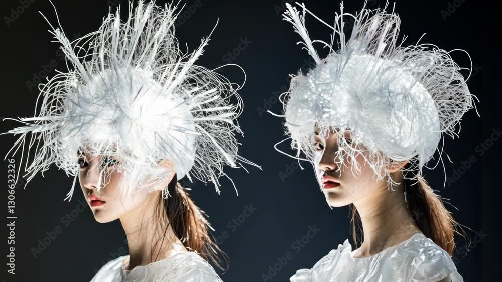 Elaborate headpieces displayed by two models during a fashion showcase featuring innovative design in a studio setting