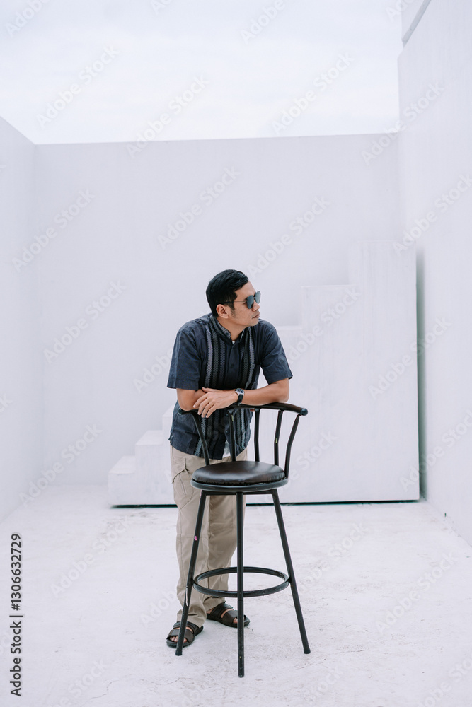 Pensive man leaning on a chair in bright minimalistic white setting Pensive man leaning on a chair in bright minimalistic white setting