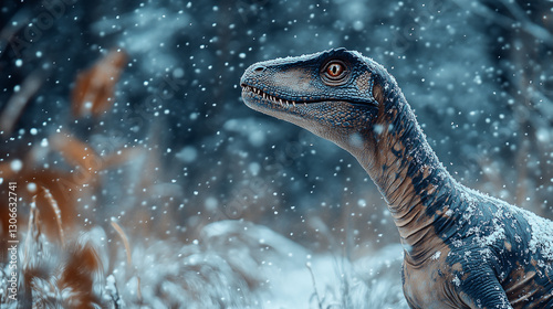 Fototapeta Naklejka Na Ścianę i Meble -  captivating view of dinosaur standing tall amidst snowy landscape, its gaze filled with curiosity as snowflakes softly fall around it