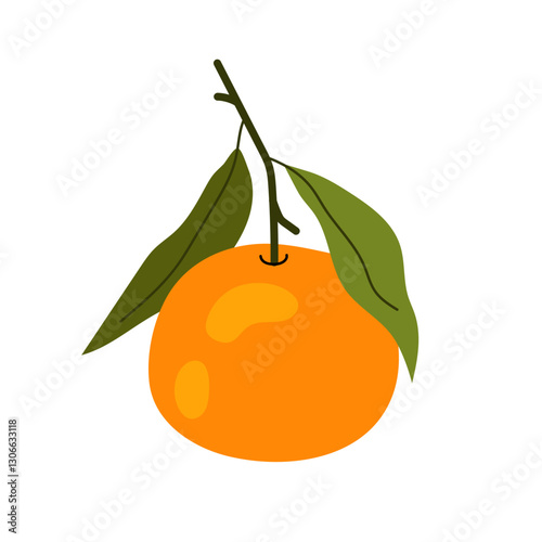 Ripe tangerine on twig. Citrus orange fruit. Aromatic sweet tangerine with green leaves. Flat illustration on white background.