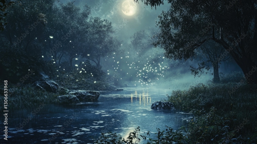 A Tranquil Nighttime Scene Featuring a Moonlit River and Trees A Tranquil Nighttime Scene Featuring a Moonlit River and Trees
