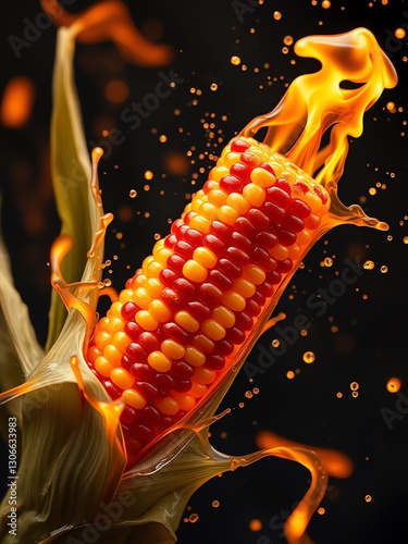 an image of a corn on fire with water splashing around it, there is a corn on fire with water splashing on it photo