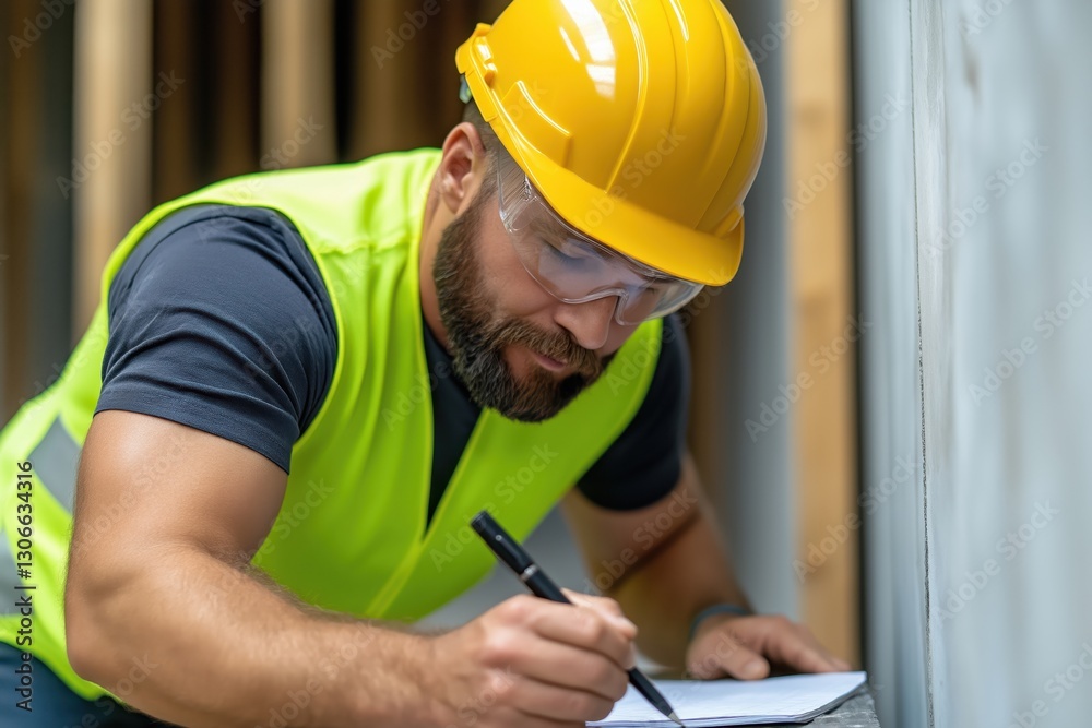 Structural engineer performs safety inspection of steel framework while assessing construction quality at active building site Structural engineer performs safety inspection of steel framework while assessing construction quality at active building site
