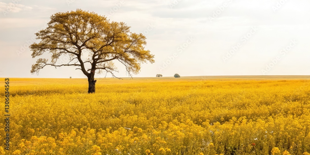 Golden Tree, Yellow Wildflower Field, Impressionistic Landscape, Dreamlike Pastoral Scene, Sunlit Horizon Golden Tree, Yellow Wildflower Field, Impressionistic Landscape, Dreamlike Pastoral Scene, Sunlit Horizon