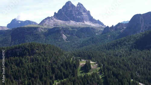 DRONE AERIAL FOOTAGE: Lake Misurina and the Tre Cime di Lavaredo (Three Peaks of Lavaredo) in the Sexten Dolomites of northeastern Italy. They are one of the best-known mountain groups in the Alps.