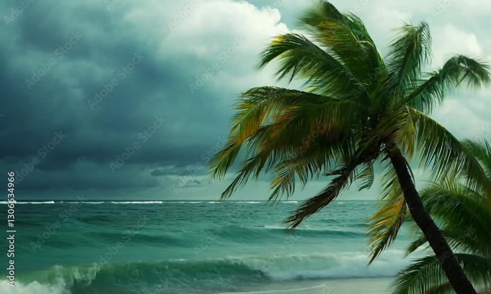 Stormy ocean scene with swaying palm trees under dark clouds, evoking a sense of nature's power Stormy ocean scene with swaying palm trees under dark clouds, evoking a sense of nature's power