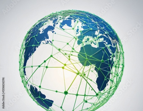 Stylized digital globe logo, featuring interconnected lines and dots to symbolize global connectivity and advanced technology, in cybernetic blue and digital green colors, white background