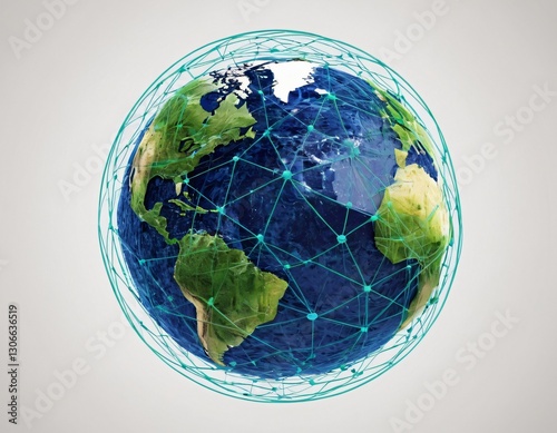 Stylized digital globe logo, featuring interconnected lines and dots to symbolize global connectivity and advanced technology, in cybernetic blue and digital green colors, white background