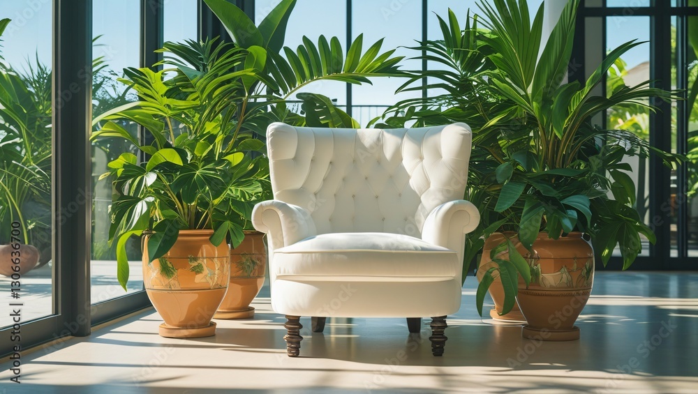 Fototapeta premium Sunlit Room with White Tufted Armchair and Lush Green Plants - Cozy and Serene Indoor Space