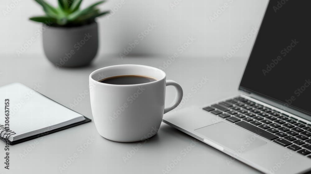 Workplace Essentials: A minimalist workspace showcases a cup of black coffee, notebook, a laptop and a small potted succulent plant. This setup symbolizes productivity, focus. Workplace Essentials: A minimalist workspace showcases a cup of black coffee, notebook, a laptop and a small potted succulent plant. This setup symbolizes productivity, focus.