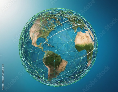 Stylized digital globe logo, featuring interconnected lines and dots to symbolize global connectivity and advanced technology, in cybernetic blue and digital green colors, white background