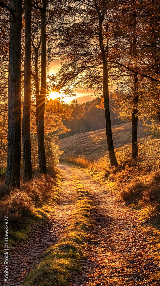 Obraz premium A forest in autumn, with trees adorned by golden leaves and sunlight filtering through the branches 