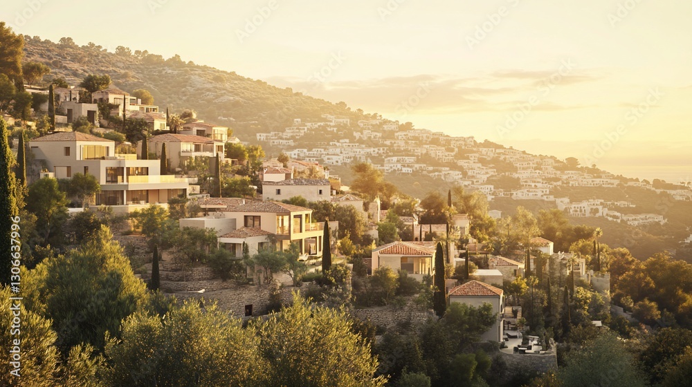 Fototapeta premium Hillside homes at sunset, Mediterranean village.