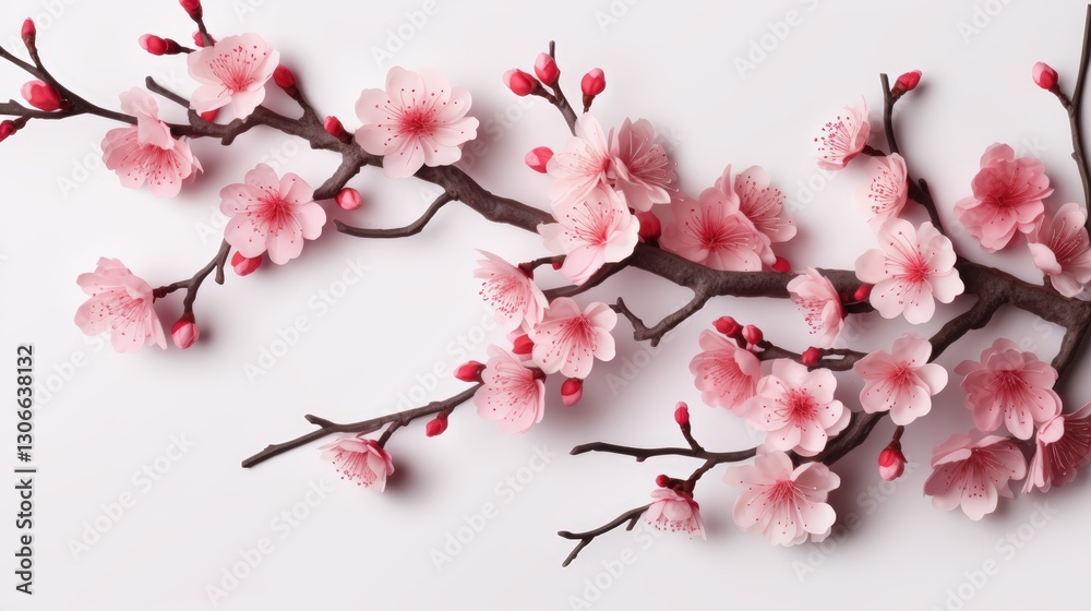 Beautiful Cherry Blossom Branch with Delicate Pink Flowers and Buds Against a Clean White Background for Nature-Themed Designs Beautiful Cherry Blossom Branch with Delicate Pink Flowers and Buds Against a Clean White Background for Nature-Themed Designs