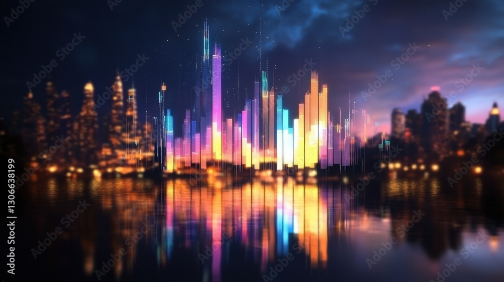 Vibrant Cityscape Illuminated At Night Reflecting In Water Vibrant Cityscape Illuminated At Night Reflecting In Water