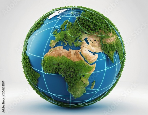 Stylized digital globe logo, featuring interconnected lines and dots to symbolize global connectivity and advanced technology, in cybernetic blue and digital green colors, white background