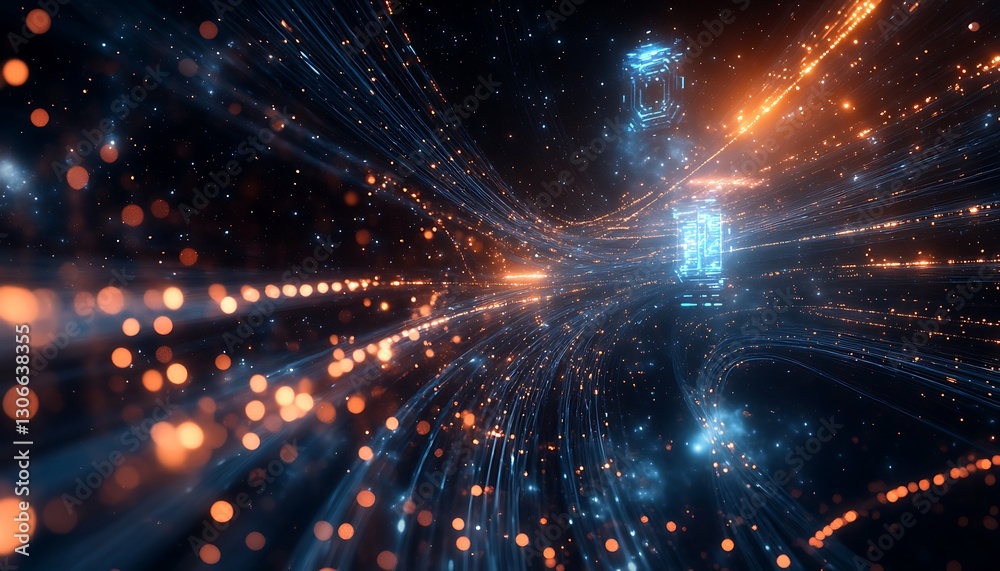 AI Visionary Concept: Floating light trails creating a vision of an advanced AI system in deep space AI Visionary Concept: Floating light trails creating a vision of an advanced AI system in deep space