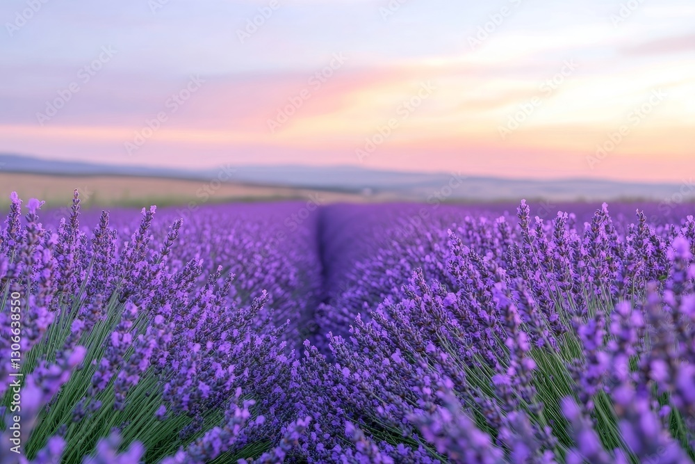 Naklejka premium lavender fields stretching to the horizon, accentuating the contrast of violet flora against the serene evening sky
