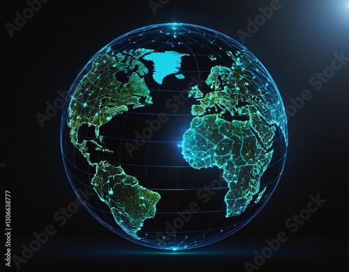 Stylized digital globe logo, featuring interconnected lines and dots to symbolize global connectivity and advanced technology, in cybernetic blue and digital green colors, white background