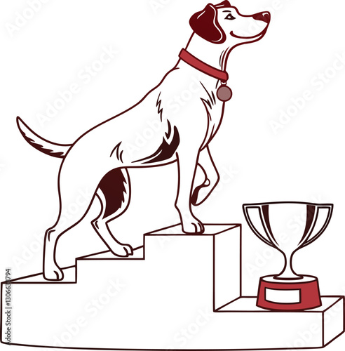 Victorious dog, poised proudly on a winners' podium next to a gleaming trophy.