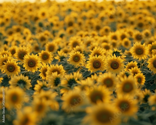 vast sunflower field under a golden sky, showcasing the uniformity of the flowers bathed in the warm sunset