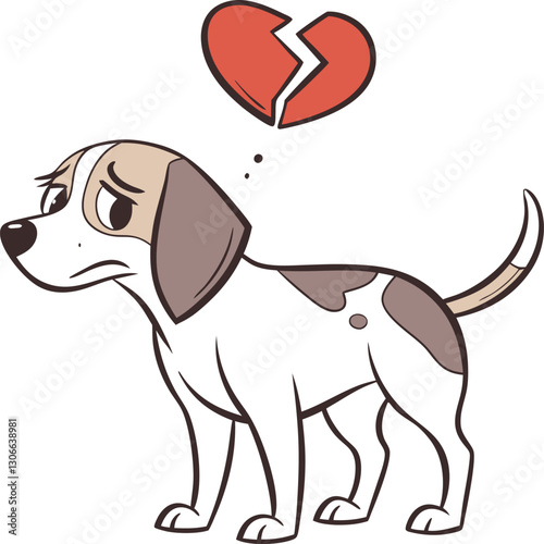 Dog gazes downwards, a shattered heart floating above, capturing the universal themes of heartbreak, loss, and emotional pain in a playful manner