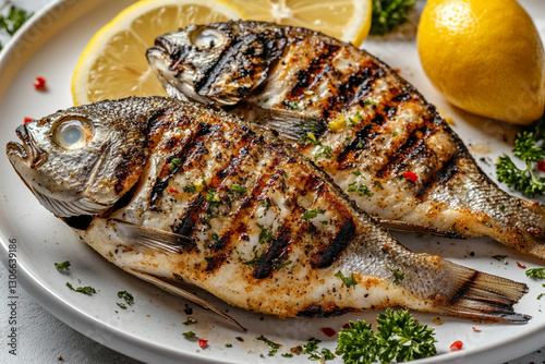 Delicious grilled dorado or sea breath fish with lemon. vertical image. top view. place for text