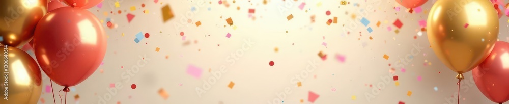 Abstract gold balloons and multi-colored confetti falling on a bright background , event, festive Abstract gold balloons and multi-colored confetti falling on a bright background , event, festive