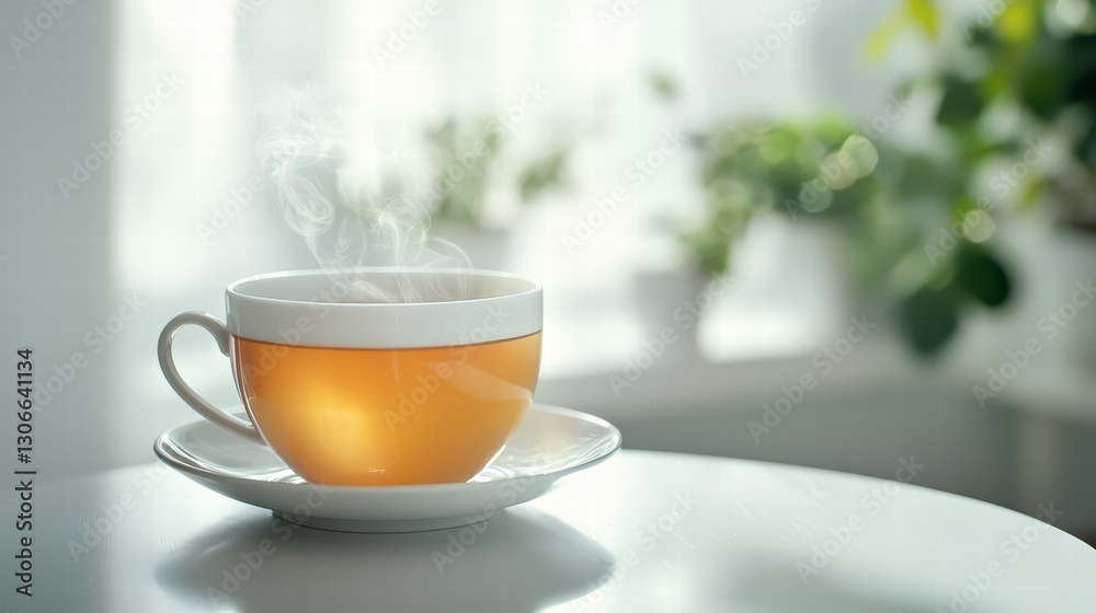 Warm Brew: Steaming cup of tea on a table in front of a window, with a soft focus on the surroundings, offering a moment of peaceful relaxation. Warm Brew: Steaming cup of tea on a table in front of a window, with a soft focus on the surroundings, offering a moment of peaceful relaxation.
