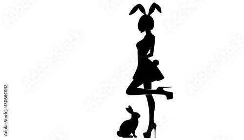silhouette of a flirty woman in a dress with a rabbit at her feet