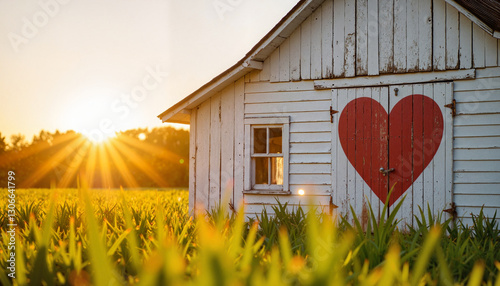 Charming farmhouse with heart decal in rural fields, love symbol photo