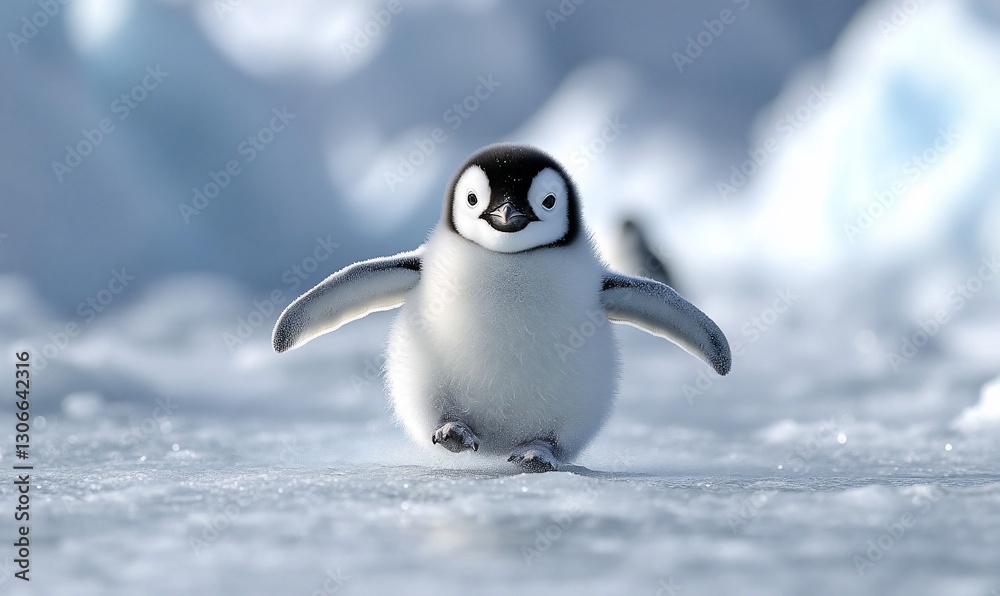 Fototapeta premium Penguin chick waddles on Antarctic ice