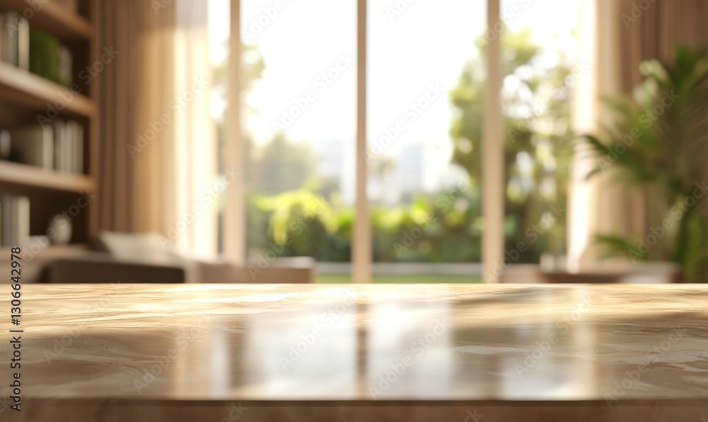 Marble Tabletop Blurred Living Room Background with Bookshelf and Garden View Marble Tabletop Blurred Living Room Background with Bookshelf and Garden View