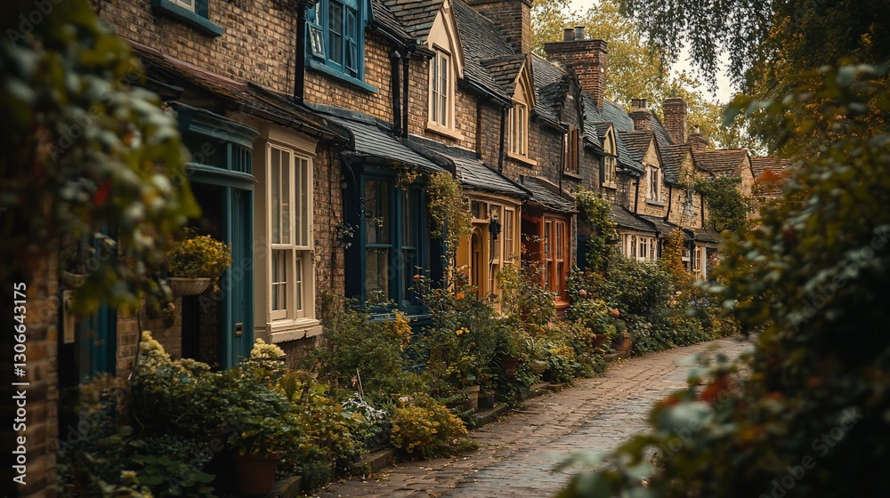 Fototapeta premium Autumnal village street, colorful houses, foliage, cobblestones, travel