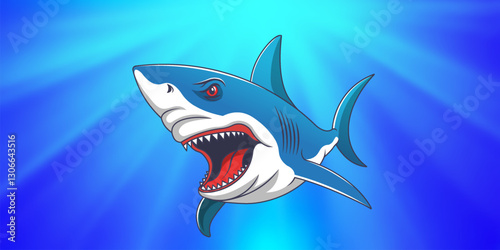 Vector cartoon angry shark with open toothy red maw. Underwater ocean bright radiant world. Toon fish terrible scary predator.